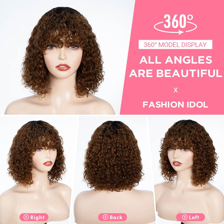 FASHION IDOL Bob Curly Echthaar-Perücken mit Pony Short Curl Bob Perücken Echthaar brasilianische Vi