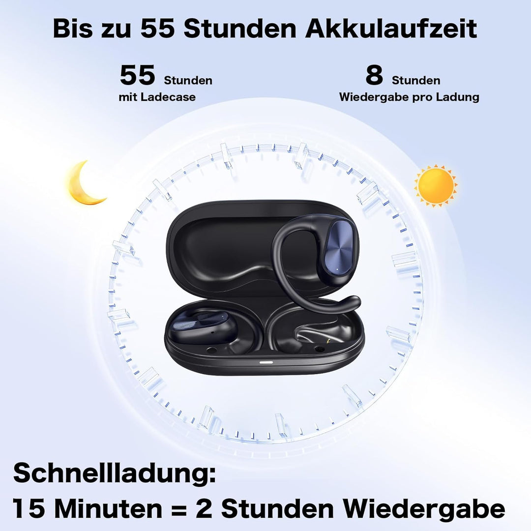 Offene kabellose Kopfhörer mit Bluetooth 5.3, räumlicher Sound, Mikrofone für Anrufe, 55 Stunden Wie