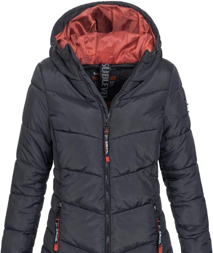 Sublevel Damen Jacke Steppmantel LSL-412 mit gefütterter Kapuze L Schwarz, L Schwarz