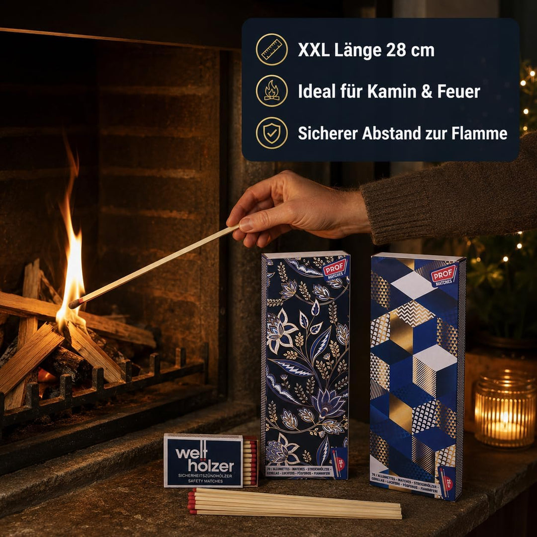 🔥 2 Jumbo Streichholzschachteln XXL 28cm extra lang für Kamin/Feuer Motive: 2x70er Packungen Kaminan