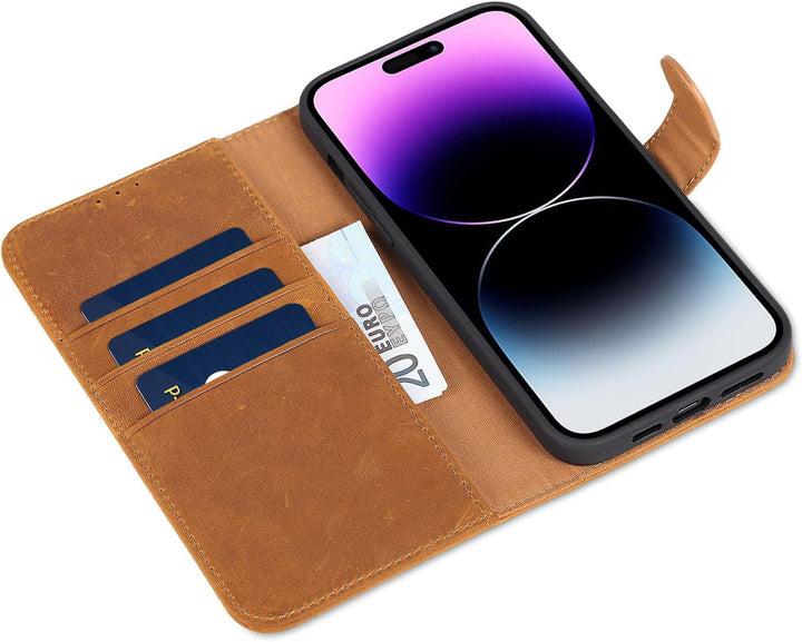LENSUN Echtleder Hülle für iPhone 14 Pro Max, Handyhülle [Echtes Leder][Magnetverschluss][RFID Schut