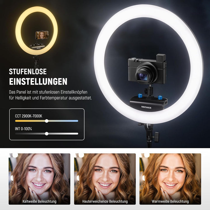 NEEWER Professionelles Ringlicht mit Ständer und Telefonhalter, 18" dünn, 45W 2900K-7000K TLCI98, Fe