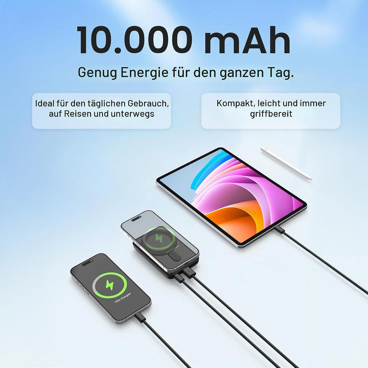 Classic Powerbank 10.000 mAh Rot – 22,5 W Schnelllade-Powerbank mit PD 20W, 15W Wireless Charging, U