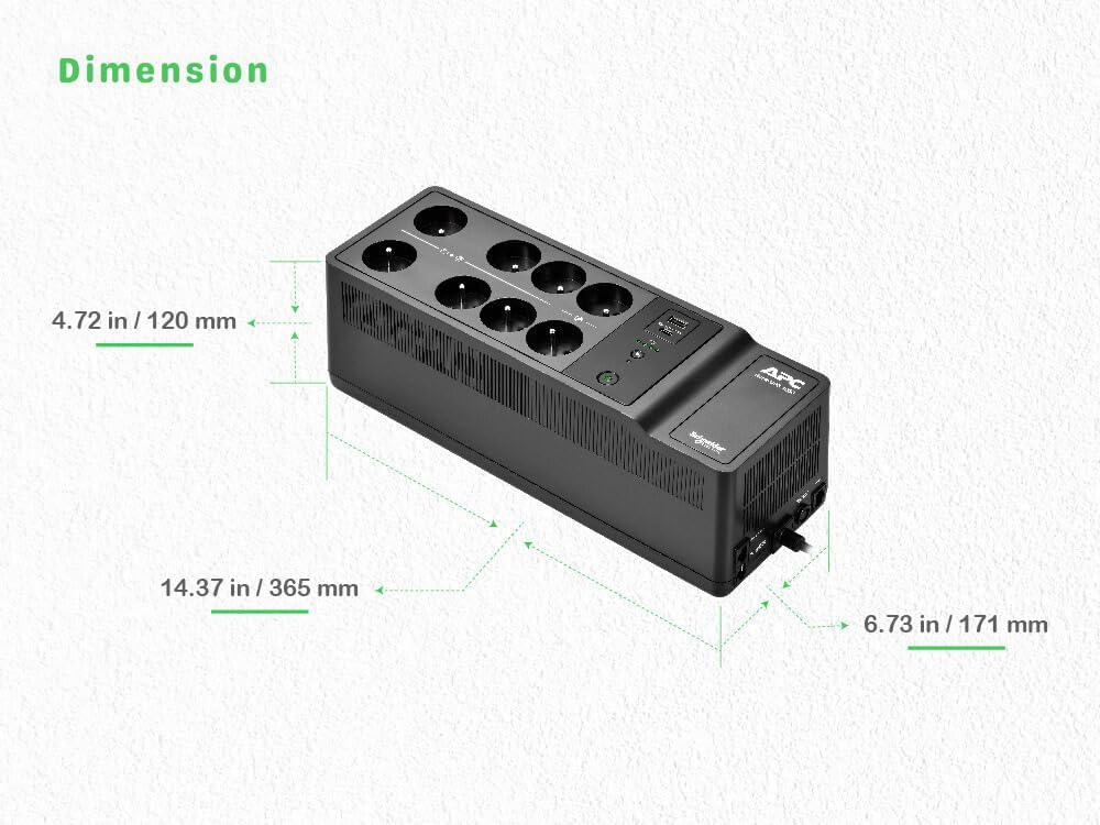 APC UPS für Zuhause, 1050VA UPS Batterie-Backup mit AVR, 8X Schuko CEE 7/3 Steckdosen, (2) USB-Ladea