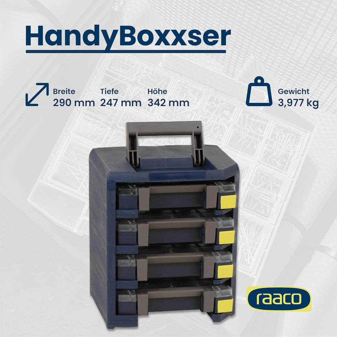 raaco HandyBoxxser 4x4: Robuste Sortimentskasten für Werkstatt, Kistenberg mit 4 Sortierkasten für K