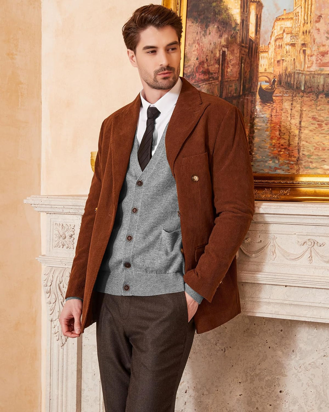Kallspin Herren Strickjacke aus Wollmischung V-Ausschnitt Cardigan mit Knopfverschluss und Taschen H