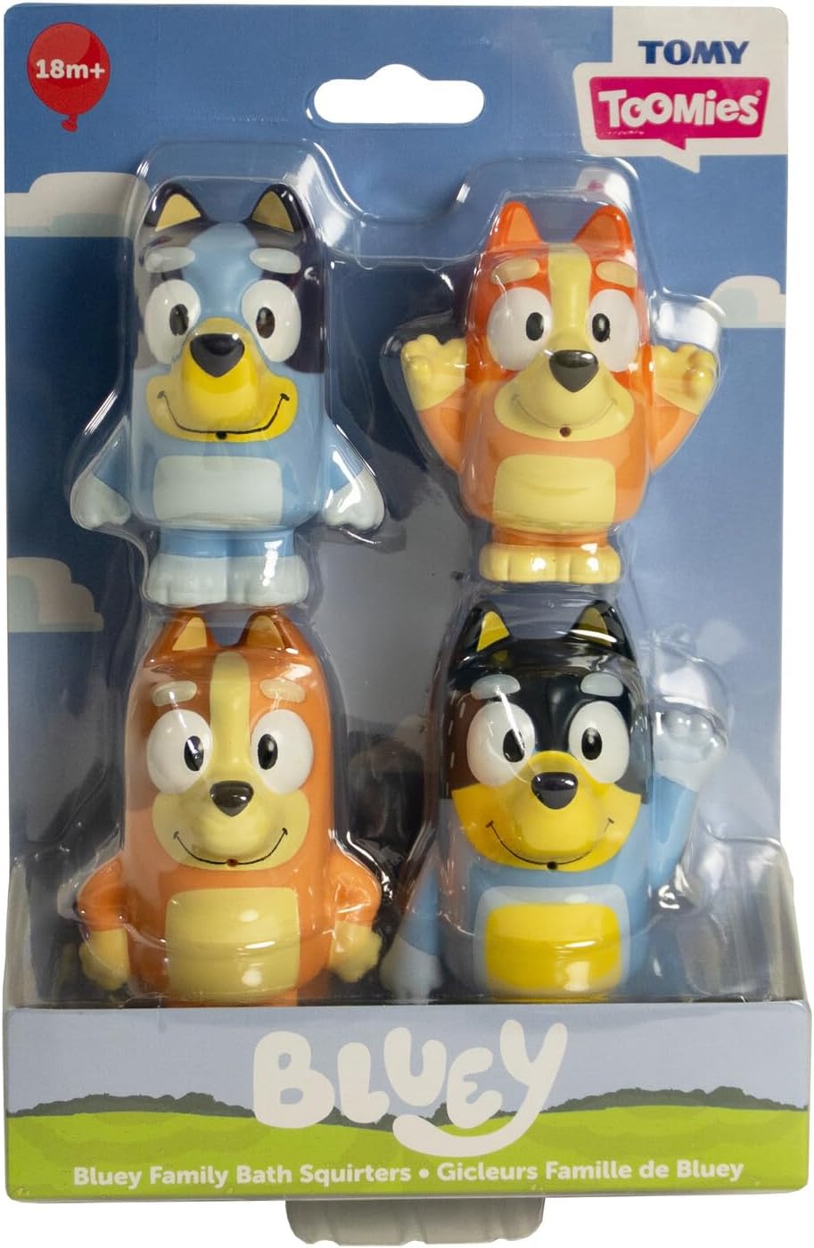 Toomies Bluey Squirter 4er Pack Badespielzeug Set mit Bluey, Bingo, Mama und Papa, Wasserspritzspass