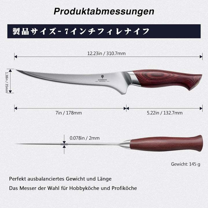 Filetiermesser 18 cm, Scharfes Ausbeinmesser für Fleisch, Japanischem 10Cr15Mov-Superhartstahl, Prof