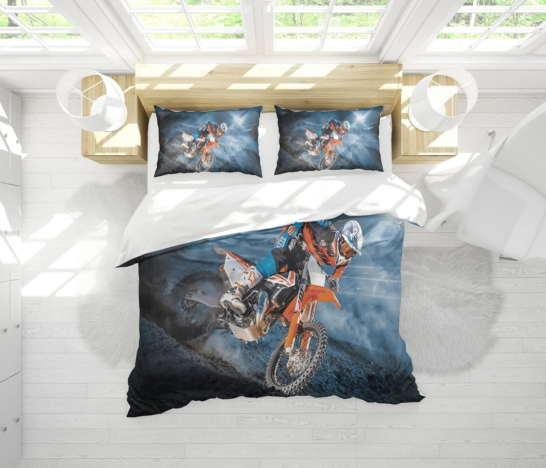 Motocross Bettwäsche Sets, 3D-gedrucktes Muster von Extremsport-Motorrad-Themen-Bettbezug mit 2 Kiss