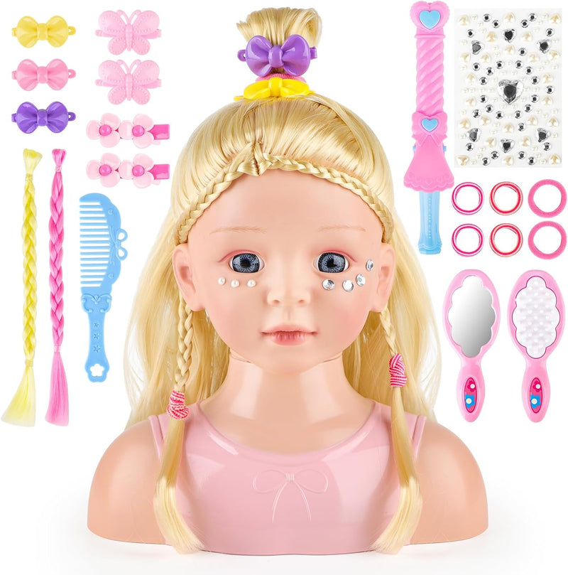 deAO Schminkkopf Puppe Frisierkopf für Kinder, 23cm Stylingkopf Langen Blonden Haaren mit Schminke u