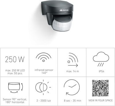 Steinel Bewegungsmelder IS 140-2 schwarz, 140° Bewegungsensor, max. 14 m Reichweite, Innen und Ausse