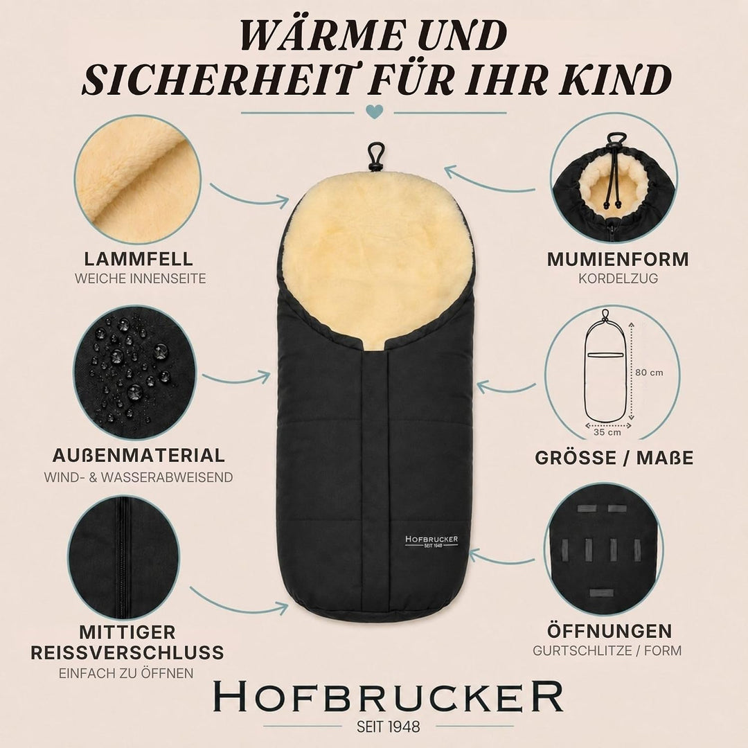 Hofbrucker Lammfell-Fusssack Eskimo für Babyschale, Kinderwagen, Buggy/Universeller Winterfusssack/F