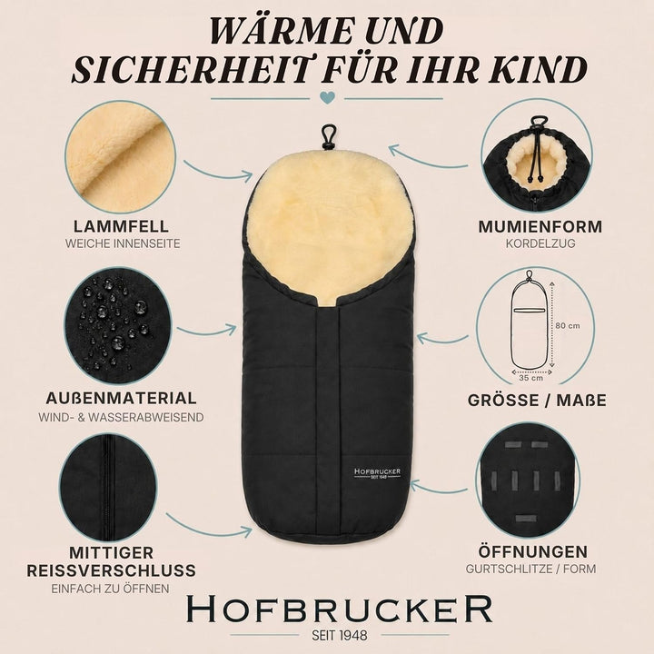 Hofbrucker Lammfell-Fusssack Eskimo für Babyschale, Kinderwagen, Buggy/Universeller Winterfusssack/F