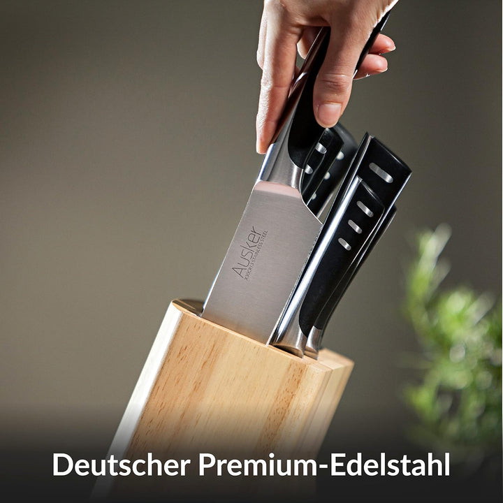 Edelstahl-Messerset mit selbstschärfendem Messerblock - Schälmesser, Santokumesser, Vielzweckmesser,