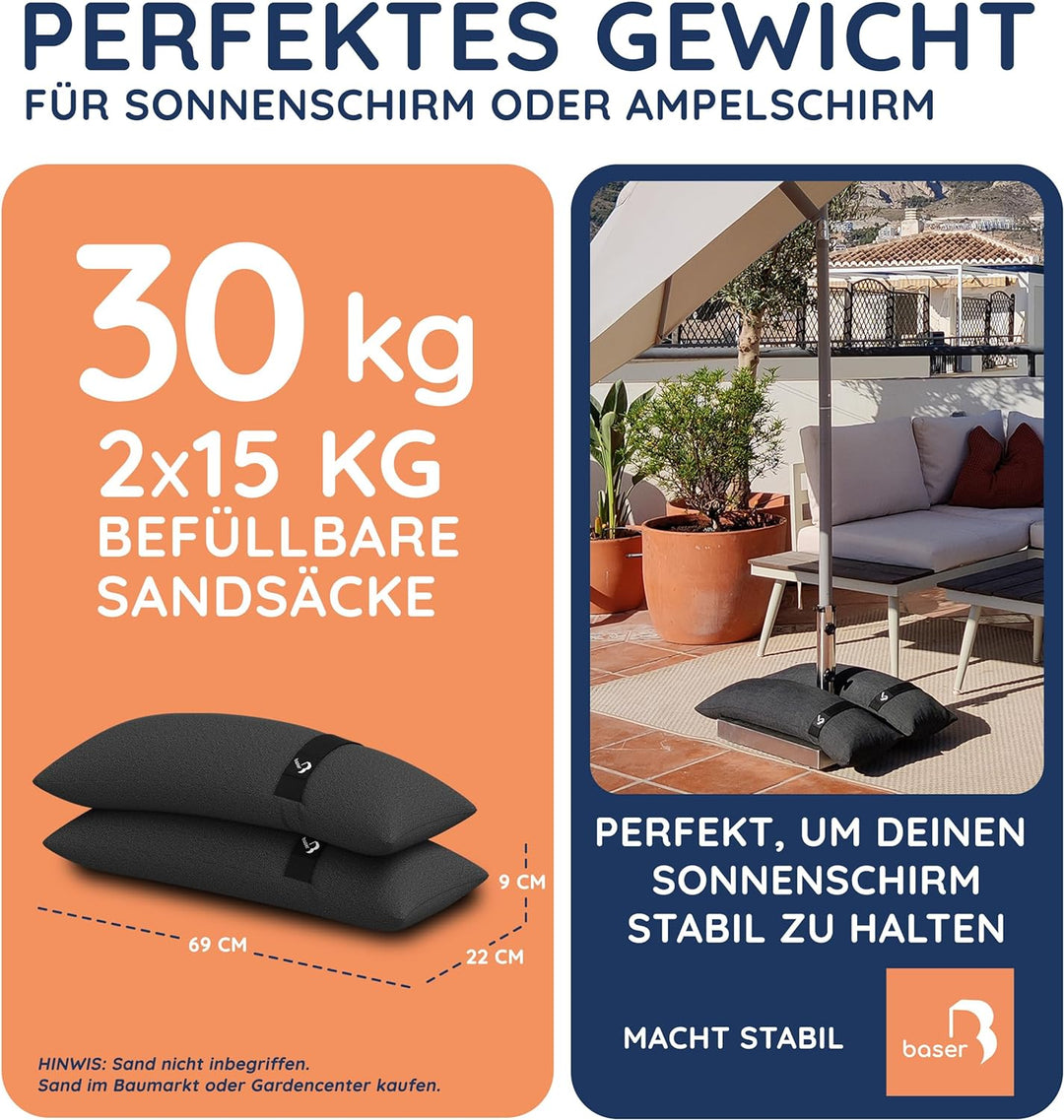 BASER - Gerade auffüllbare Sandsäcke, 2 x 15 KG, auffüllbare Gewichte für Ampelschirme, Sonnenschirm