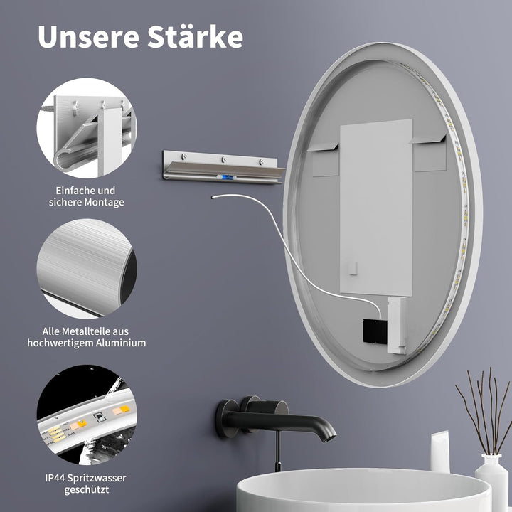 HOKO Antibeschlag LED Badspiegel rund 80 cm Bilbao mit Metall Rahmen Weiss. Touch Schalter + Memory