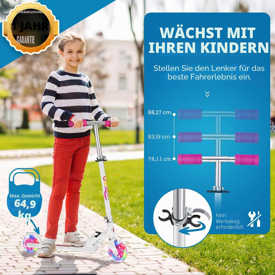 BELEEV Roller Kinder 2 Räder, Klappbar Kinderroller für Mädchen Jungen, Tretroller mit LED Leuchtend