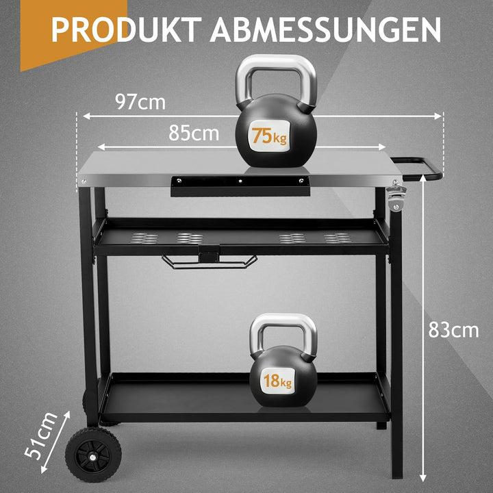 LEADZM Grillwagen - Grilltisch Outdoor, 97 x 51x 83 cm, Schreibtisch aus Edelstahl Silber,Mit Rädern