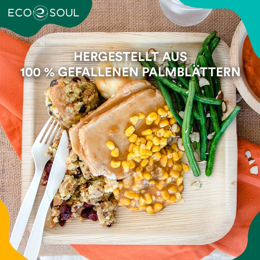 ECO SOUL 100% kompostierbare 25 cm, quadratische Palmblatt Teller [25 Stück] |Premium Palmblatt Gesc