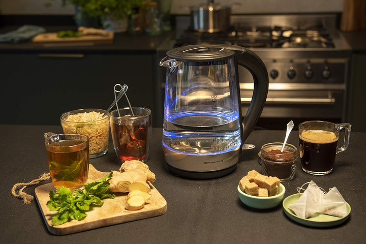 Emerio WK-123131, Glas Wasserkocher 1.7L, BPA frei, bestes Borosilikatglas, 2200 Watt, schöne blaue