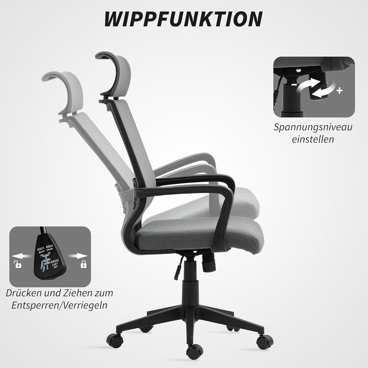 HOMCOM Bürostuhl, Ergonomischer Schreibtischstuhl mit Armlehne, Kopfstütze, Höhenverstellbarer Drehs