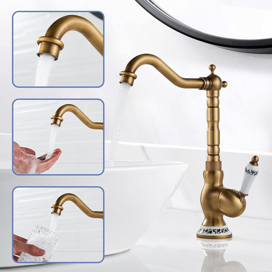 ROWINNAO Wasserhahn Bad Hoch Antikes Messing, Retro Waschtischarmatur 360° Drehbarer, Einhebel Misch