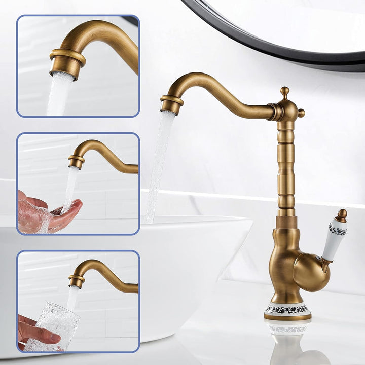 ROWINNAO Wasserhahn Bad Hoch Antikes Messing, Retro Waschtischarmatur 360° Drehbarer, Einhebel Misch
