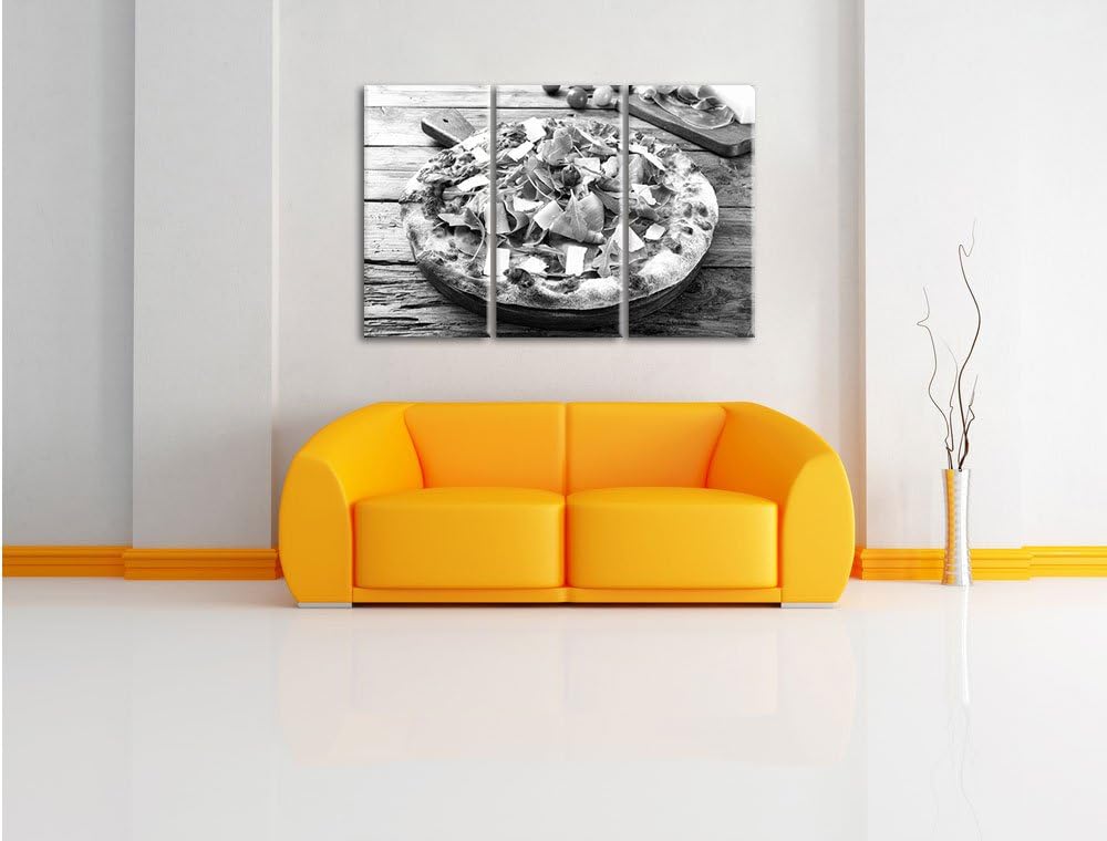 Pixxprint Prosciutto Pizza auf Holztisch / 3-Teilig/Gesamtmass 120cm Leinwandbild bespannt auf Holzr