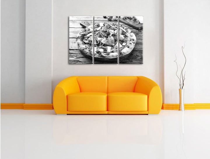 Pixxprint Prosciutto Pizza auf Holztisch / 3-Teilig/Gesamtmass 120cm Leinwandbild bespannt auf Holzr