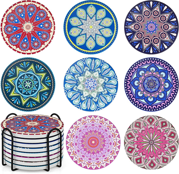 Untersetzer Gläser Keramik - 8er Set Mandala Untersetzer mit Halter & Korkboden Rund Glasuntersetzer