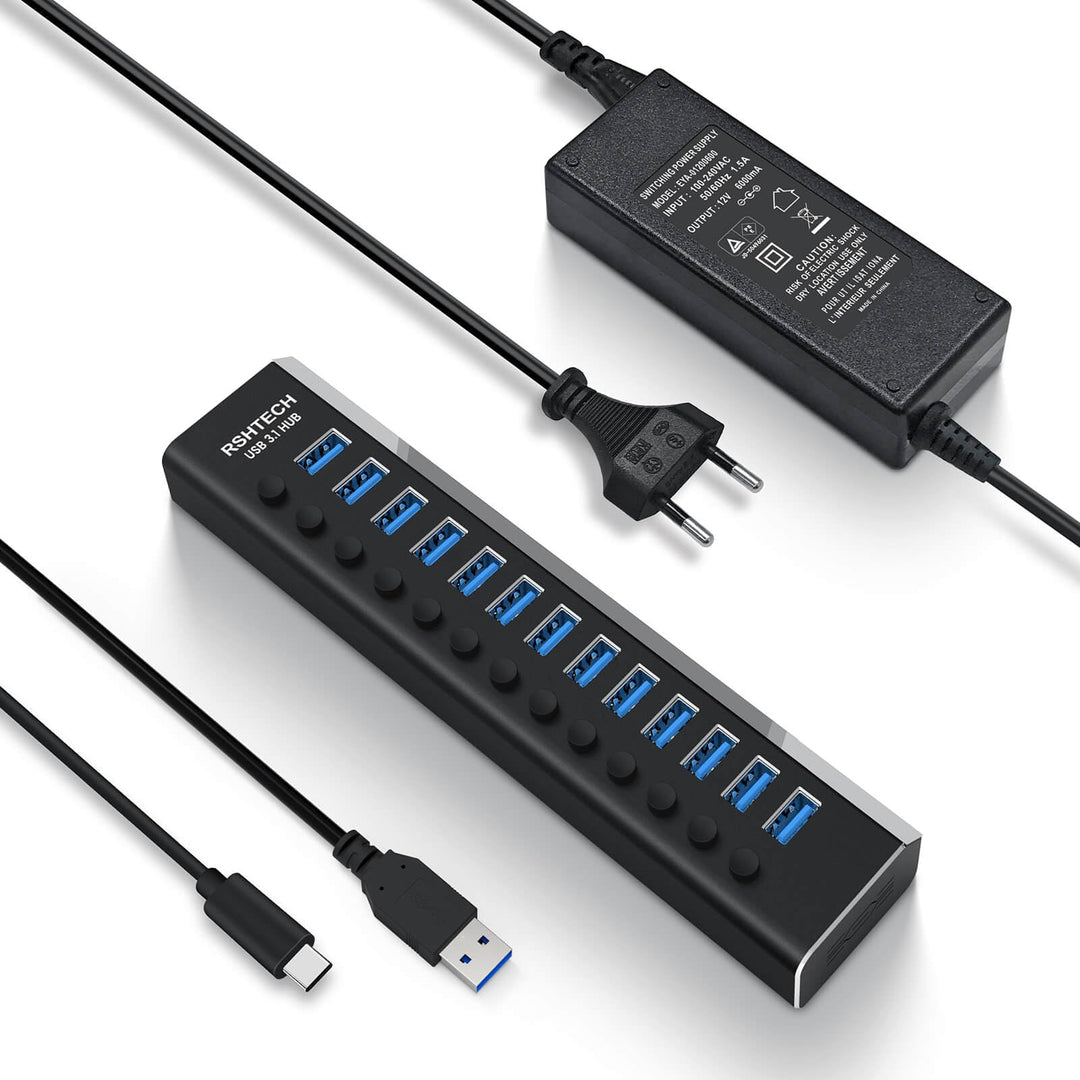 RSHTECH USB Hub 3.2 Aktiv mit Netzteil (72W 12V/6A), 2-in-1 Datenkabel (Typ-C&amp;Typ A) und 13*10Gbps U