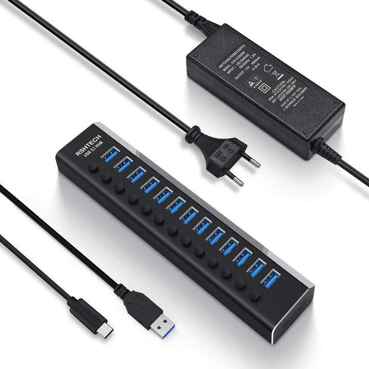 RSHTECH USB Hub 3.2 Aktiv mit Netzteil (72W 12V/6A), 2-in-1 Datenkabel (Typ-C&amp;Typ A) und 13*10Gbps U