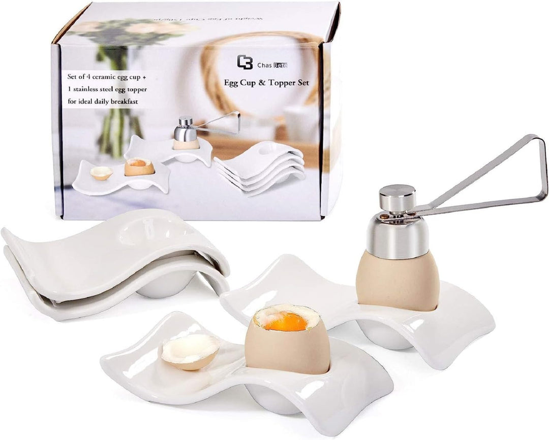 Chas Bete Eierbecher Porzellan Eierbecher Set für Hart und Weichgekochten Eiern, 4 Weisses Porzellan