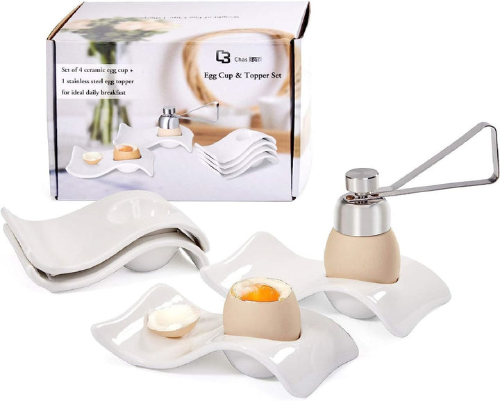 Chas Bete Eierbecher Porzellan Eierbecher Set für Hart und Weichgekochten Eiern, 4 Weisses Porzellan