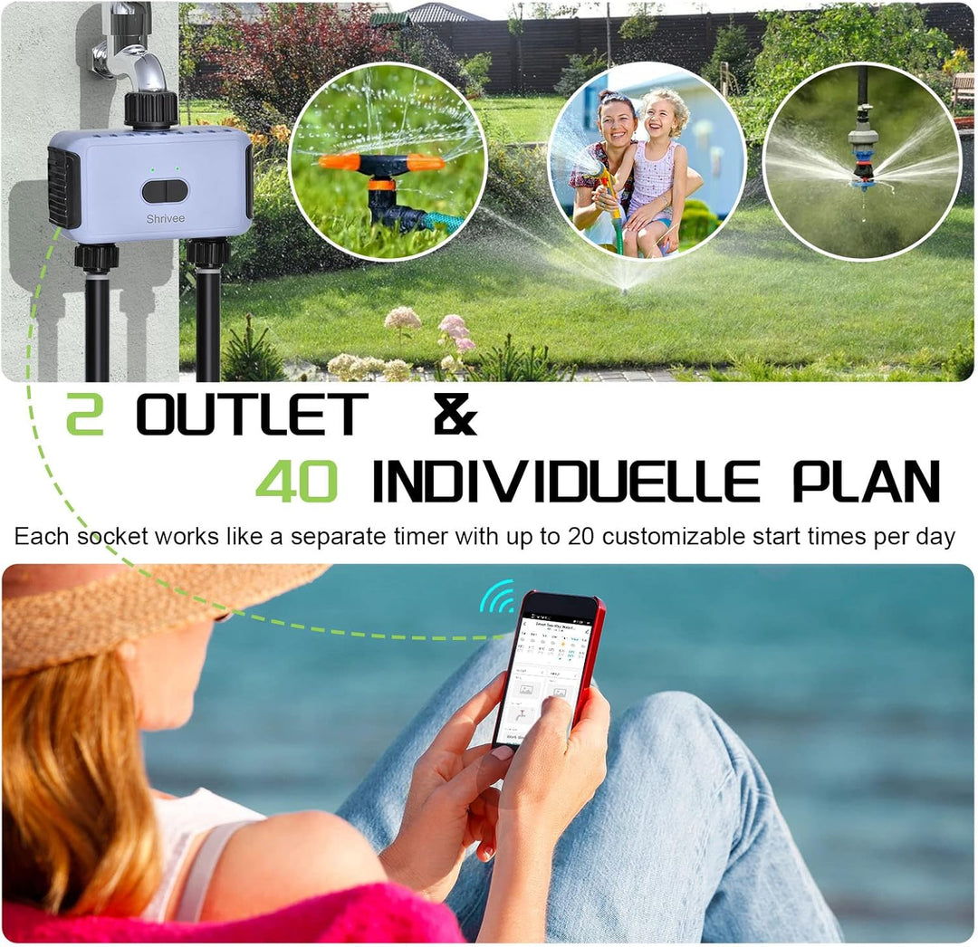 Bewässerungscomputer WLAN 2 ausgänge, Garten Bewässerungsuhr, Automatische Bewässerungssteuerung mit