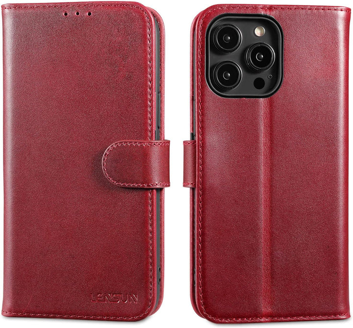 LENSUN Echtleder Hülle für iPhone 14 Pro Max, Handyhülle Echtes Leder [Magnetverschluss][RFID Schutz