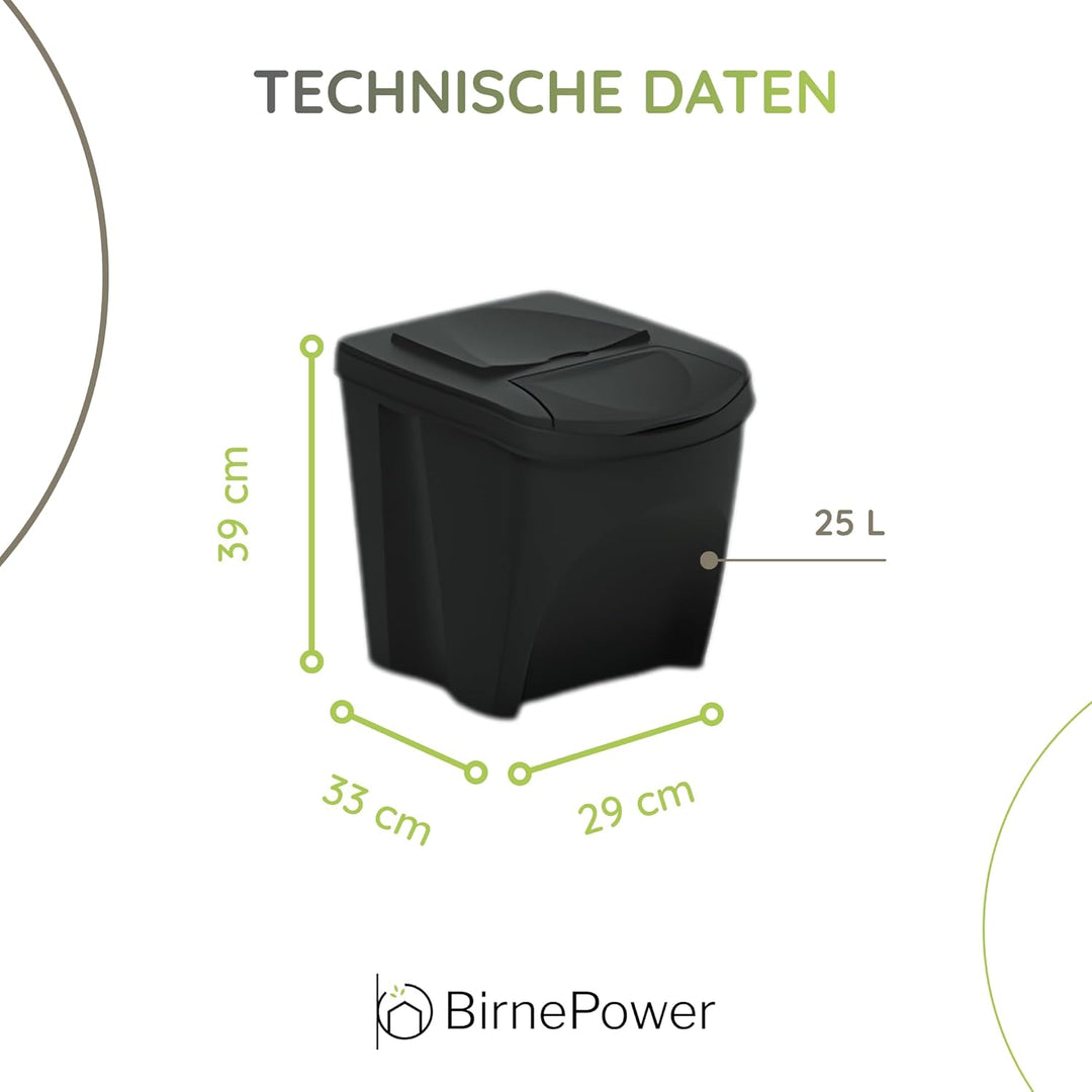 BirnePower Mülleimer Müllbehälter Abfalleimer 75L Set 3 x 25L Mülltrennsystem Behälter Sorti Box mit