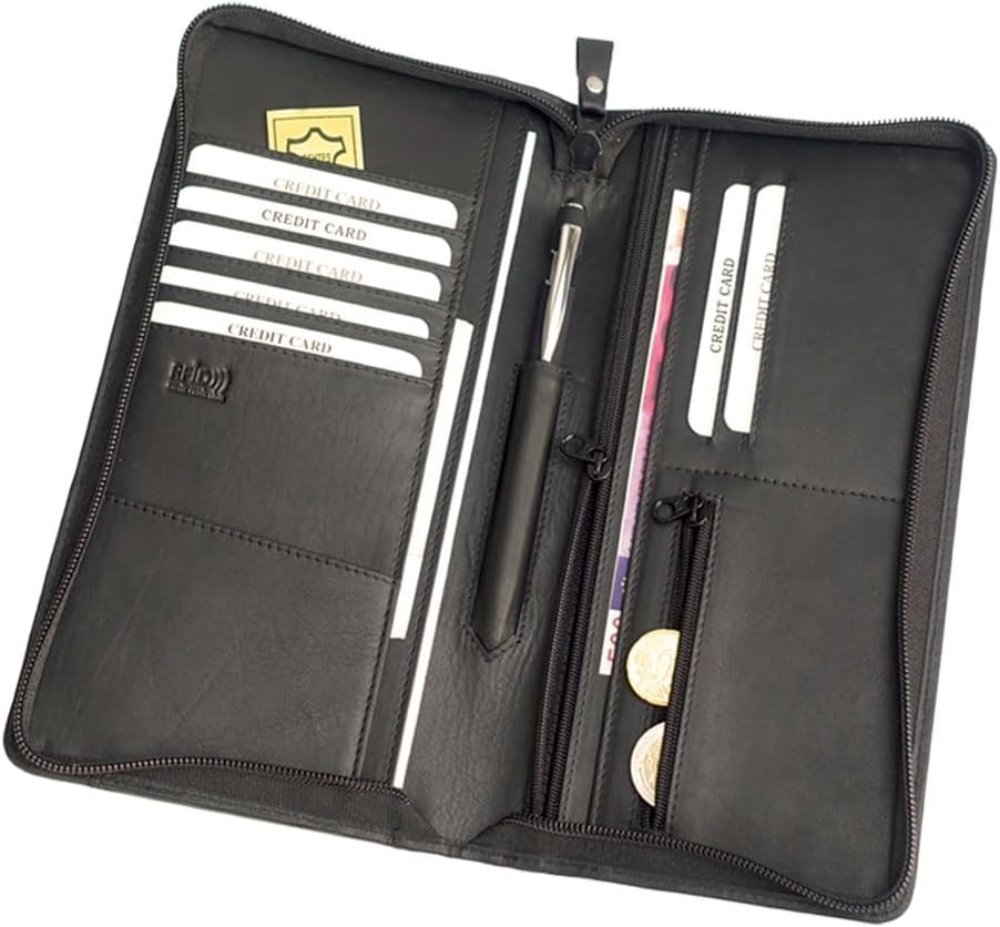 stilvoller Reise-Organizer Leder, Reisepass-Tasche Leder schwarz Reise-Passhülle, Reisemappe, Dokume