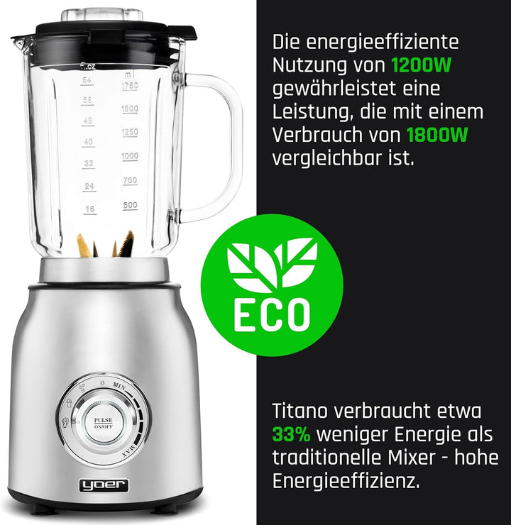 Yoer Titano JB03S, Standmixer, 1800W, 4-in-1, 2,4L Glasbehälter, Automatikprogramme, Edelstahl INOX,