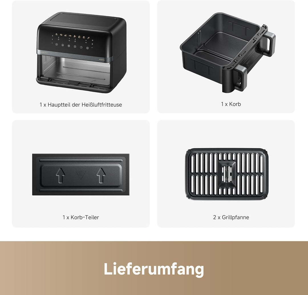 Mova AeroChef FD20 Pro Heissluftfritteuse, 9 Liter Zwei-Zonen-Garen, SyncFinish, 2.700 W für schnell