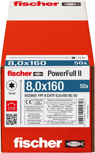 fischer PowerFull II 8,0 x 160, Premium Vollgewindeschraube (50 Stk.) mit innovativer Spitzengeometr