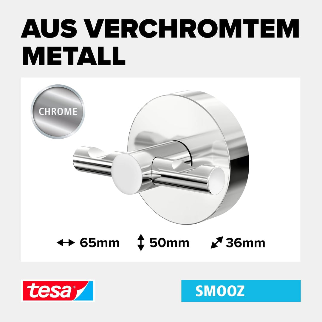 tesa SMOOZ Handtuchhaken, verchromter Edelstahl - Bad-Haken zur Wandbefestigung ohne Bohren, inkl. K