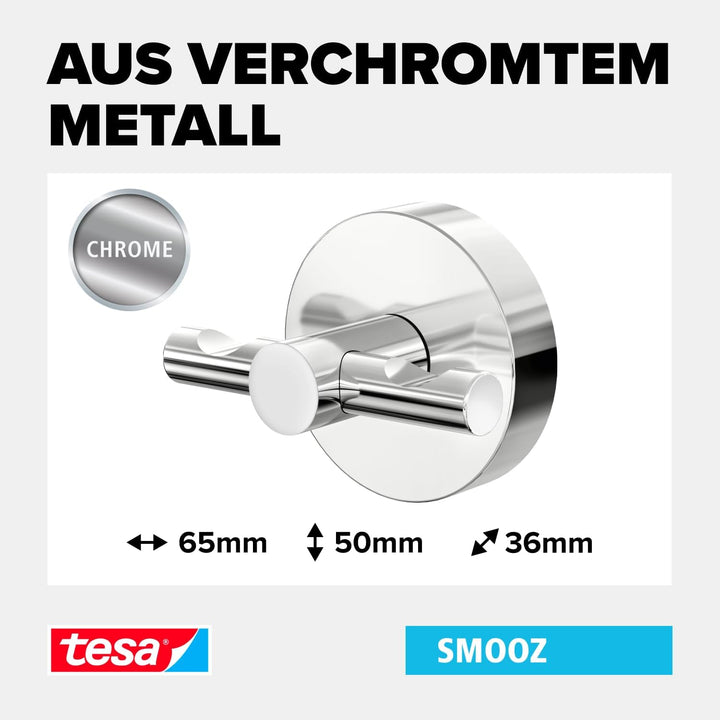 tesa SMOOZ Handtuchhaken, verchromter Edelstahl - Bad-Haken zur Wandbefestigung ohne Bohren, inkl. K