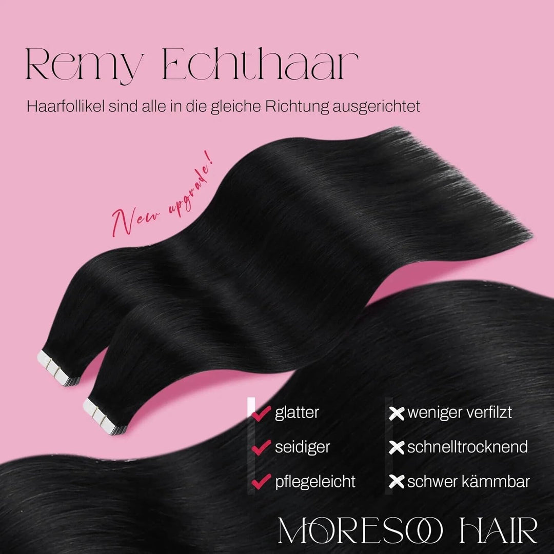 Moresoo Tape Extensions Schwarz Haarverlängerung Echthaar Extensions Tape 25cm Invisible Tape in Ext