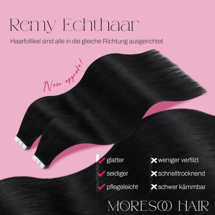 Moresoo Tape Extensions Schwarz Haarverlängerung Echthaar Extensions Tape 25cm Invisible Tape in Ext