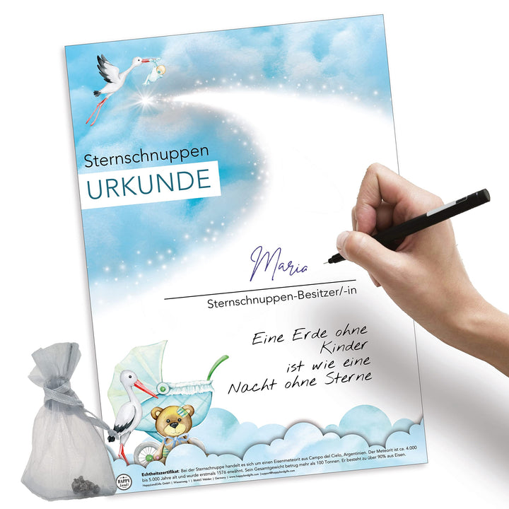 happylandgifts® Echte Sternschnuppe zur Geburt | Echter Meteorit | Hochwertige Urkunde mit Wunschnam