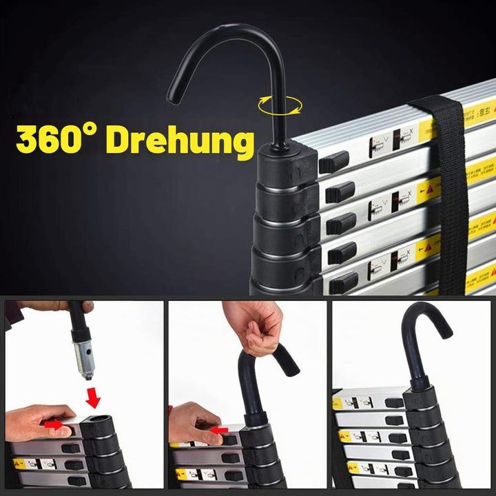 3,2M Teleskopleiter mit Haken, Aluminium Ausziehleiter Hohe Mehrzweckleiter, 150 kg/330 Pfund Belast