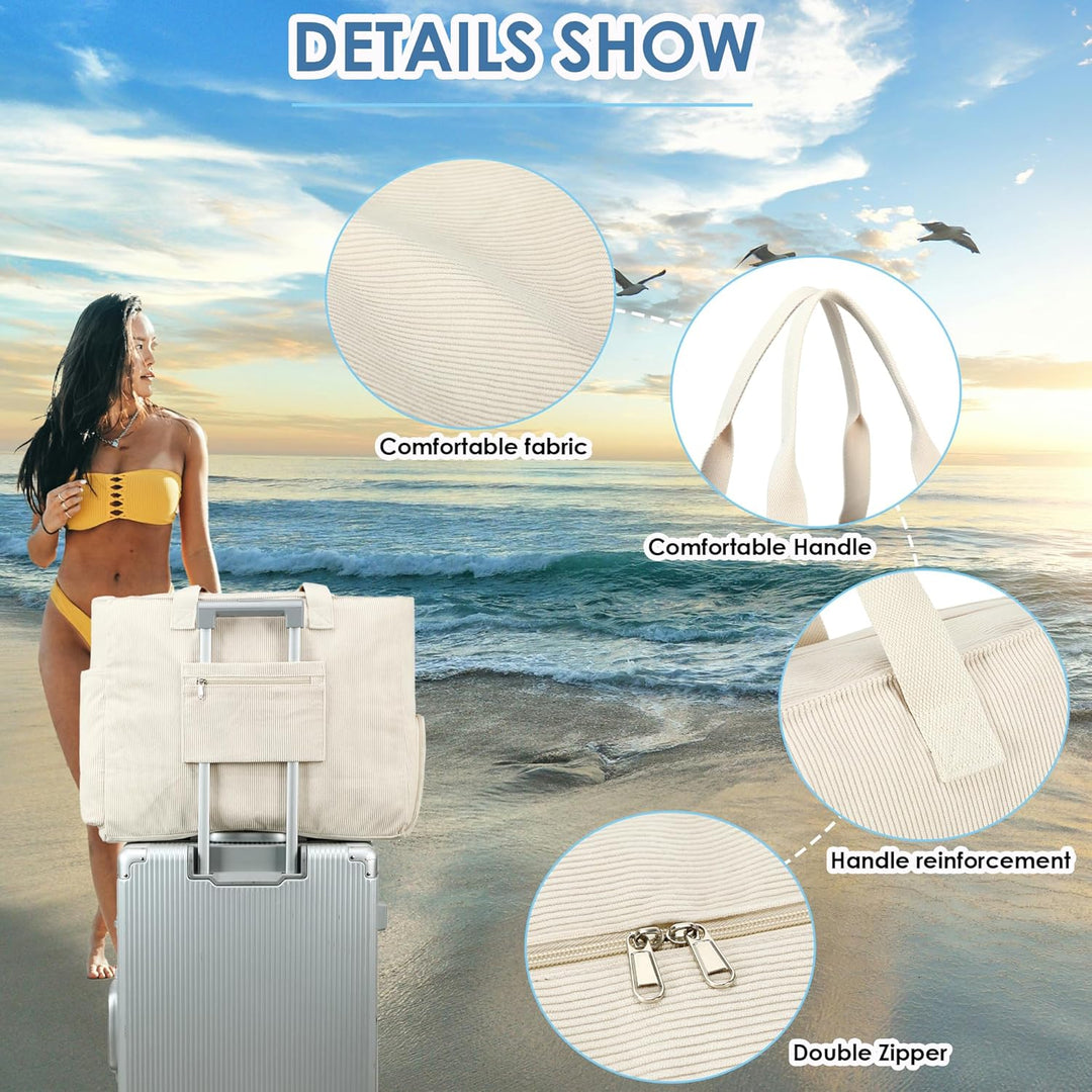 Makukke Strandtasche XXL, Cord Weekender Damen mit Schuhfach, Gross Faltbar Badetasche mit Reissvers