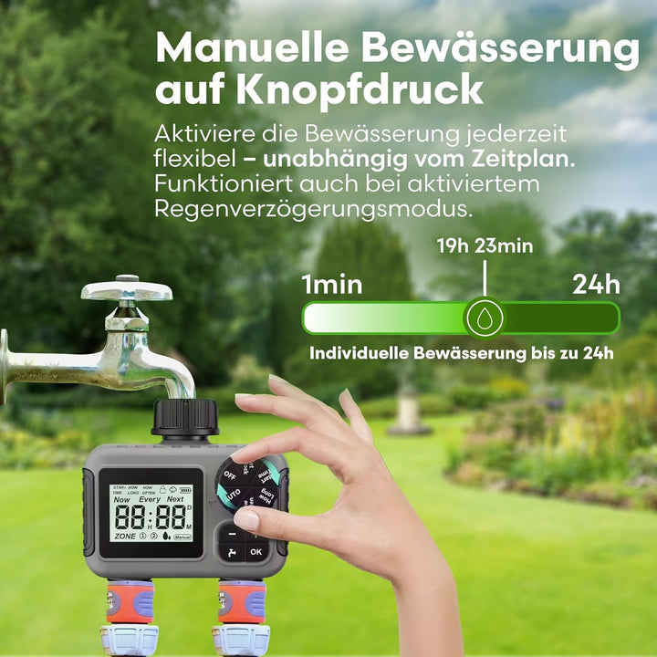 rainfactory Zeitschaltuhr mit 2 Ausgängen, IP55 wasserdicht, Regenverzögerung, Digitale Zeitschaltuh