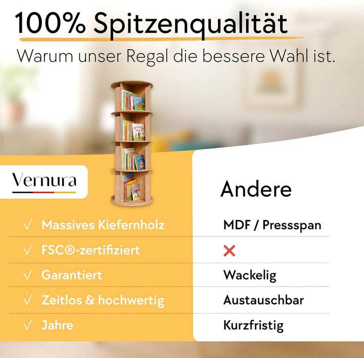 Drehbares Bücherregal aus Holz - 100% Massivholz - Premium Qualität - Platzsparend - Drehregal Büche